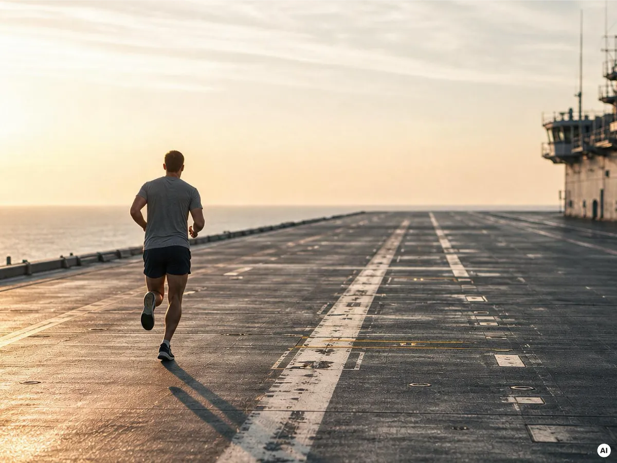 Un militaire en short et tee-shirt court seul sur le pont d’envol d’un porte-avions, à l’aube, en pleine mer.